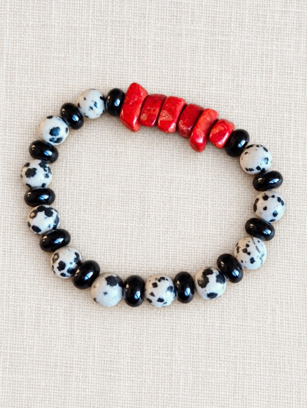 Dalmatian Jasper & Red Sponge Chip Beaded Stretch Bracelet | Handmade